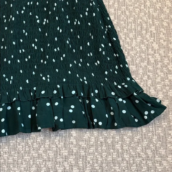 Faithfull The Brand Smocked Dark Green Polka Dot Ruffle Mini Dress, size 4 - Picture 6 of 6